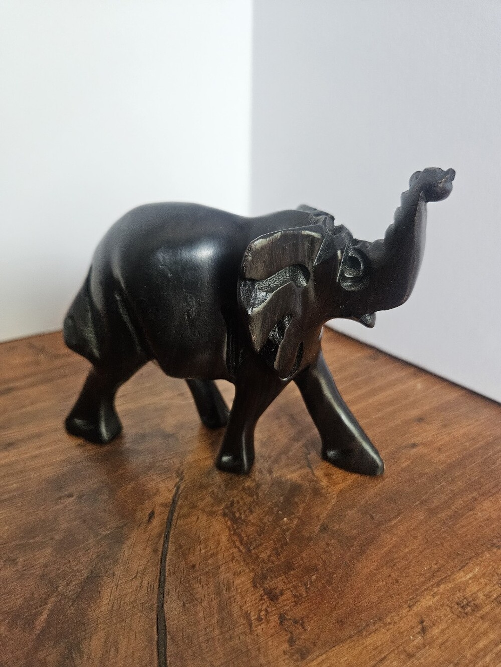 Dark Wood Handcarved Elephant Figure Sculpture Lucky Trunk Decor Elephant